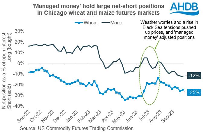 Chart showing the positions held by 'managed money' in Chicago wheat and maize futures markets